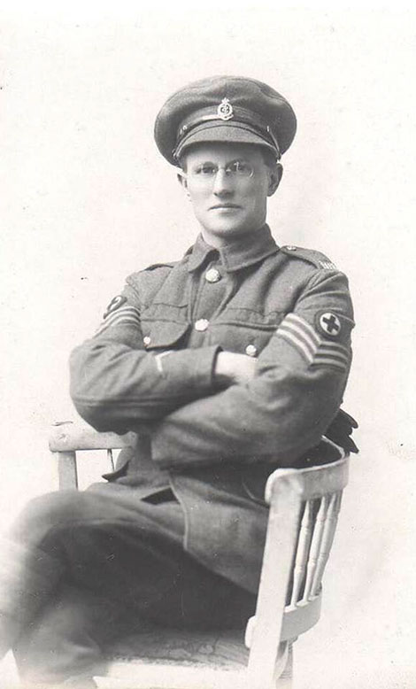 Portrait of Alfred Quinton Barton (1889-1956) as Sargent in the Royal Army Medical Corps in 1915.Alfred was Fred Quinton’s nephew and father of Helen Kegie.  