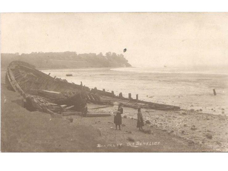 A derelict ship at Beachley on a postcard of around 1920