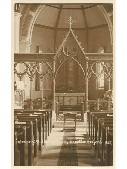 Interior of St John’s Church near Cinderford – a postcard of perhaps around 1920