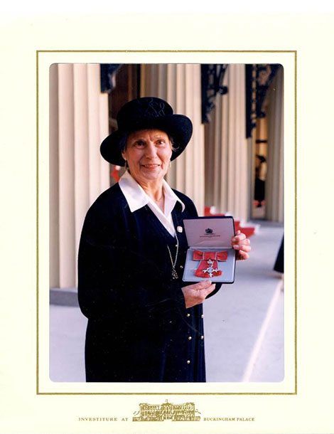 Helen receiving the MBE in 1997 (Photo by Charles Green, 309 Hale Lane, Station Road, Edgware, Middlesex HA8 7AX)