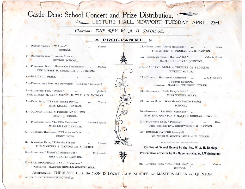 Programme for ‘Castle Dean Concert and Prize Distribution’ where several members of the Barton and Quinton families are featured.  This probably dates from 1912 and cannot be the 1920 concert already mentioned, because ‘Miss Gladys Barton’ was Rosalie who married in 1916