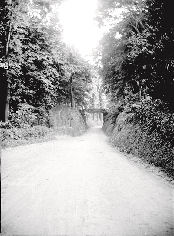 A country lane with bridge in 1913.  Glass plate negative