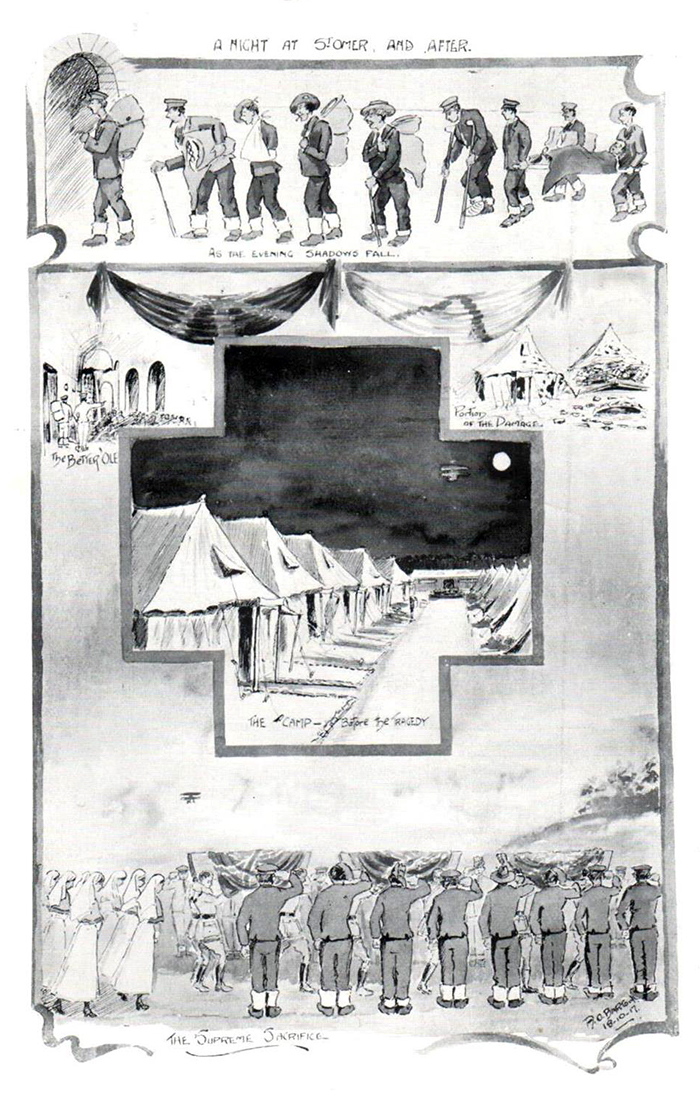 On 18th October Alfred produced the second drawing of events at the camp.  This one is titled ‘A NIGHT AT ST.OMER AND AFTER’ and vividly illustrates the tragic events of 30th September.